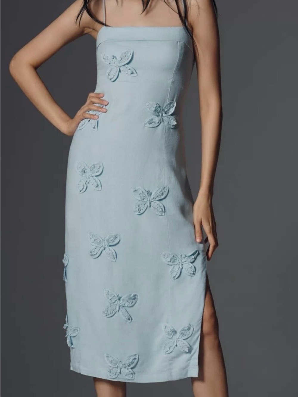 Maeve Sky Blue Butterfly-Embroidered Slip Dress Linen